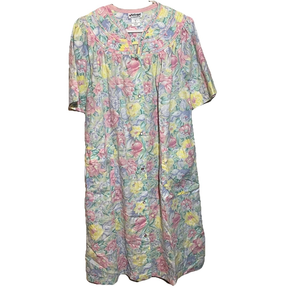 VTG‎ National Housecoat M Pastel  Floral Robe Pockets Grannycore Trad Wife